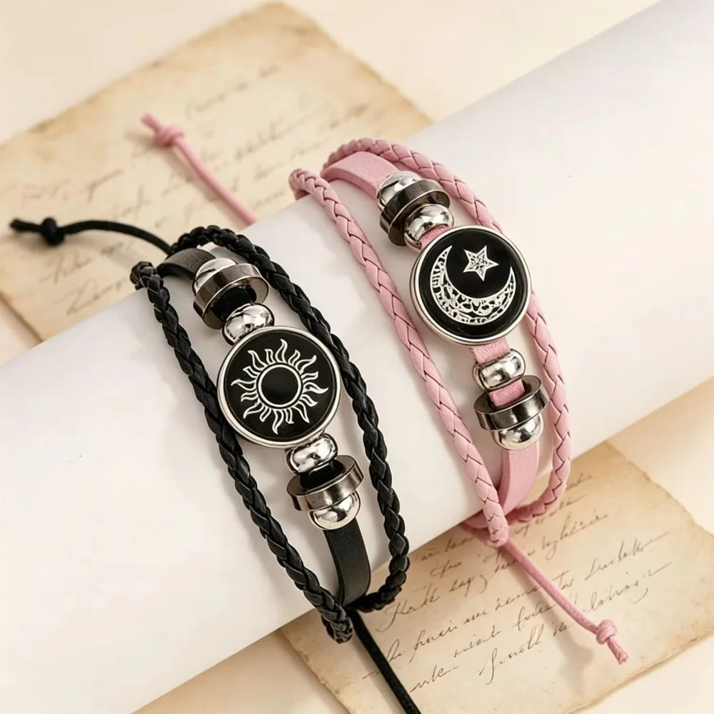 2pcs/set Sun and Moon Lovers Leather Bracelet Punk Multi-Layered Beaded Braided Adjustable Bracelet Set For Couple Jewelry