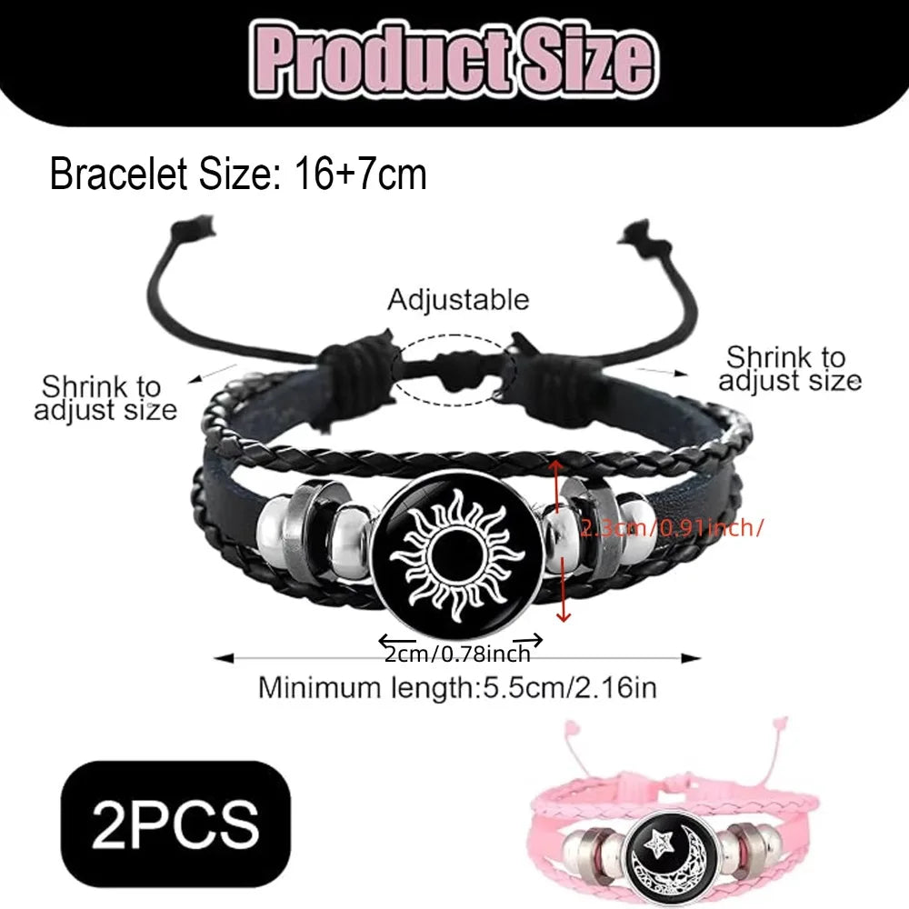 2pcs/set Sun and Moon Lovers Leather Bracelet Punk Multi-Layered Beaded Braided Adjustable Bracelet Set For Couple Jewelry