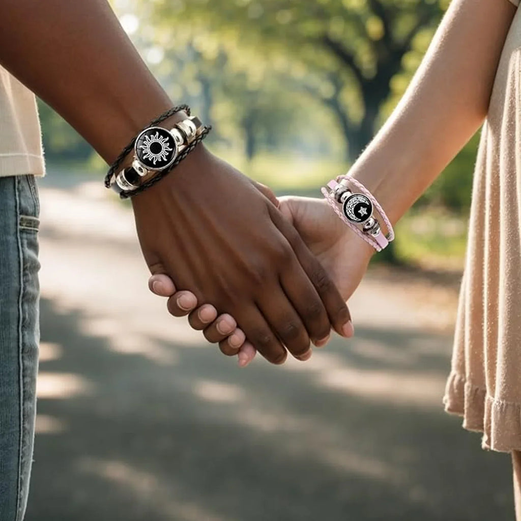 2pcs/set Sun and Moon Lovers Leather Bracelet Punk Multi-Layered Beaded Braided Adjustable Bracelet Set For Couple Jewelry