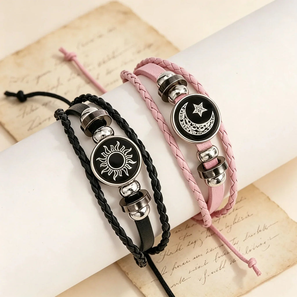 2pcs/set Sun and Moon Lovers Leather Bracelet Punk Multi-Layered Beaded Braided Adjustable Bracelet Set For Couple Jewelry