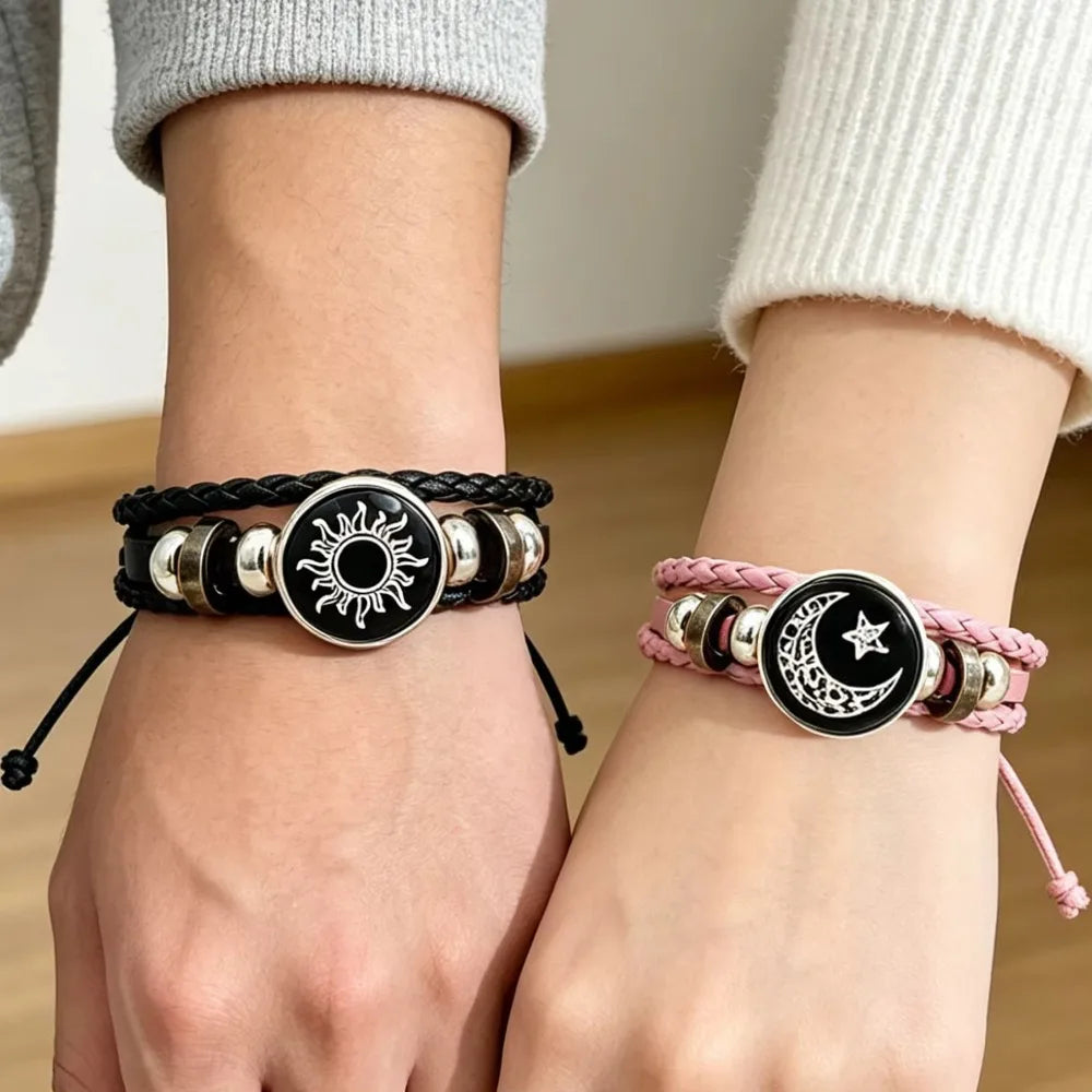 2pcs/set Sun and Moon Lovers Leather Bracelet Punk Multi-Layered Beaded Braided Adjustable Bracelet Set For Couple Jewelry
