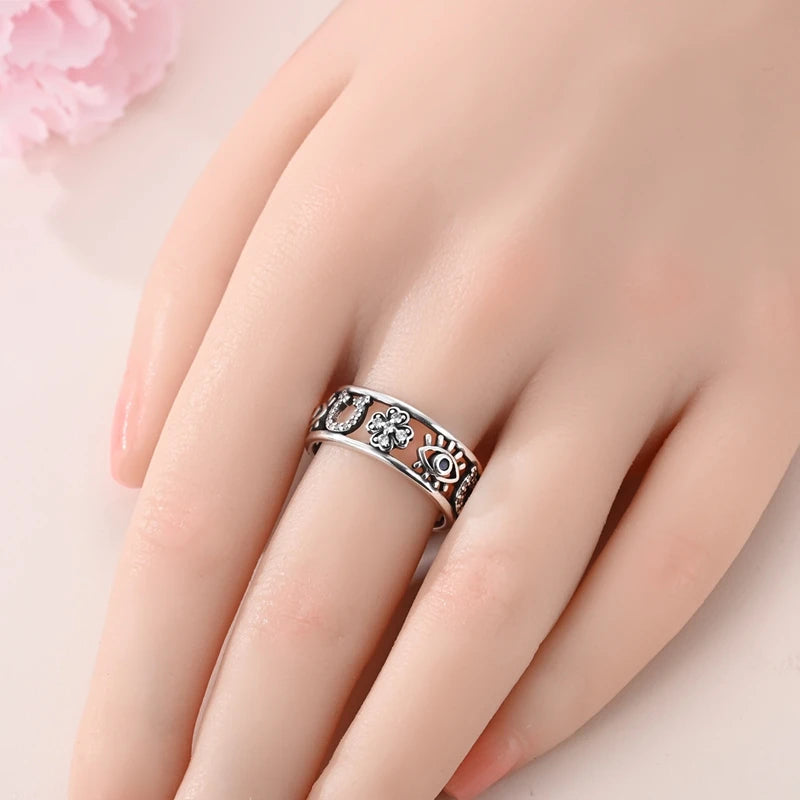 MULA Wedding Band Rings for Women Man 925 Sterling Silver Evil Eye Hand Celtic Knot Four-Leaf Clover Ring Stackable Jewelry Gift