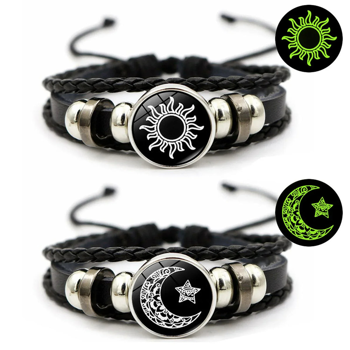 2pcs/set Sun and Moon Lovers Leather Bracelet Punk Multi-Layered Beaded Braided Adjustable Bracelet Set For Couple Jewelry
