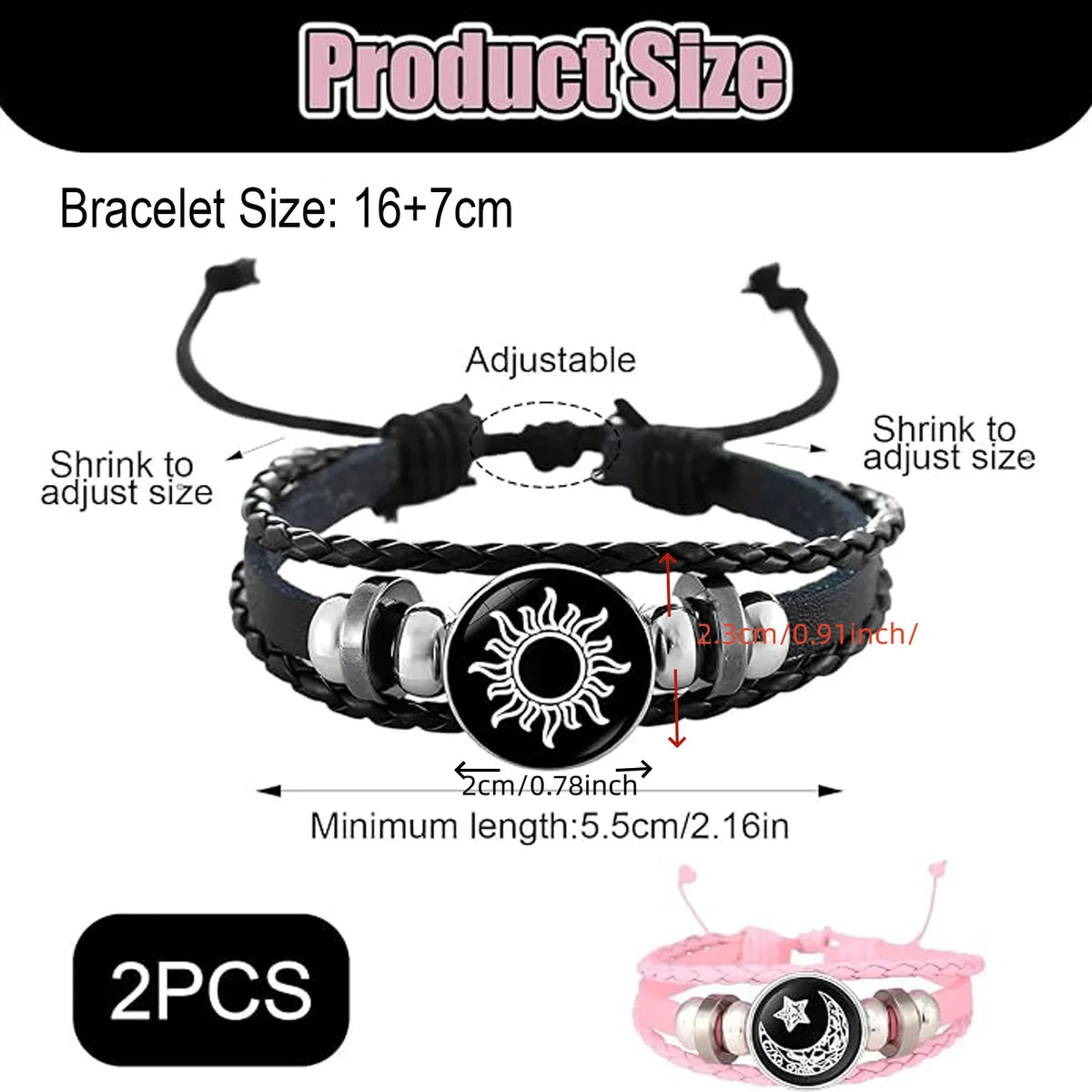 2pcs/set Sun and Moon Lovers Leather Bracelet Punk Multi-Layered Beaded Braided Adjustable Bracelet Set For Couple Jewelry