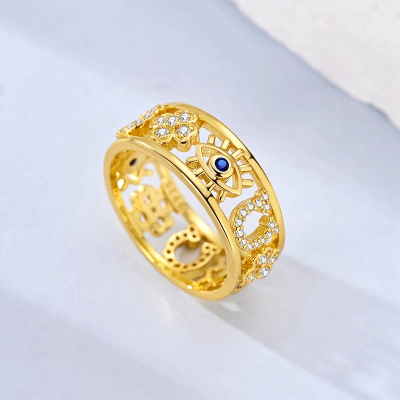 MULA Wedding Band Rings for Women Man 925 Sterling Silver Evil Eye Hand Celtic Knot Four-Leaf Clover Ring Stackable Jewelry Gift